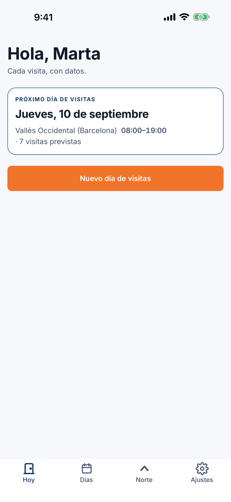 Pantalla de inicio de PuertasFrias con el próximo día de visitas y siete visitas previstas